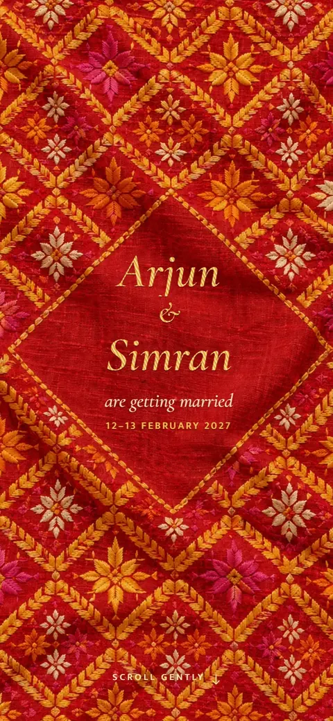 Phulkari — Punjabi wedding invitation, on a phone